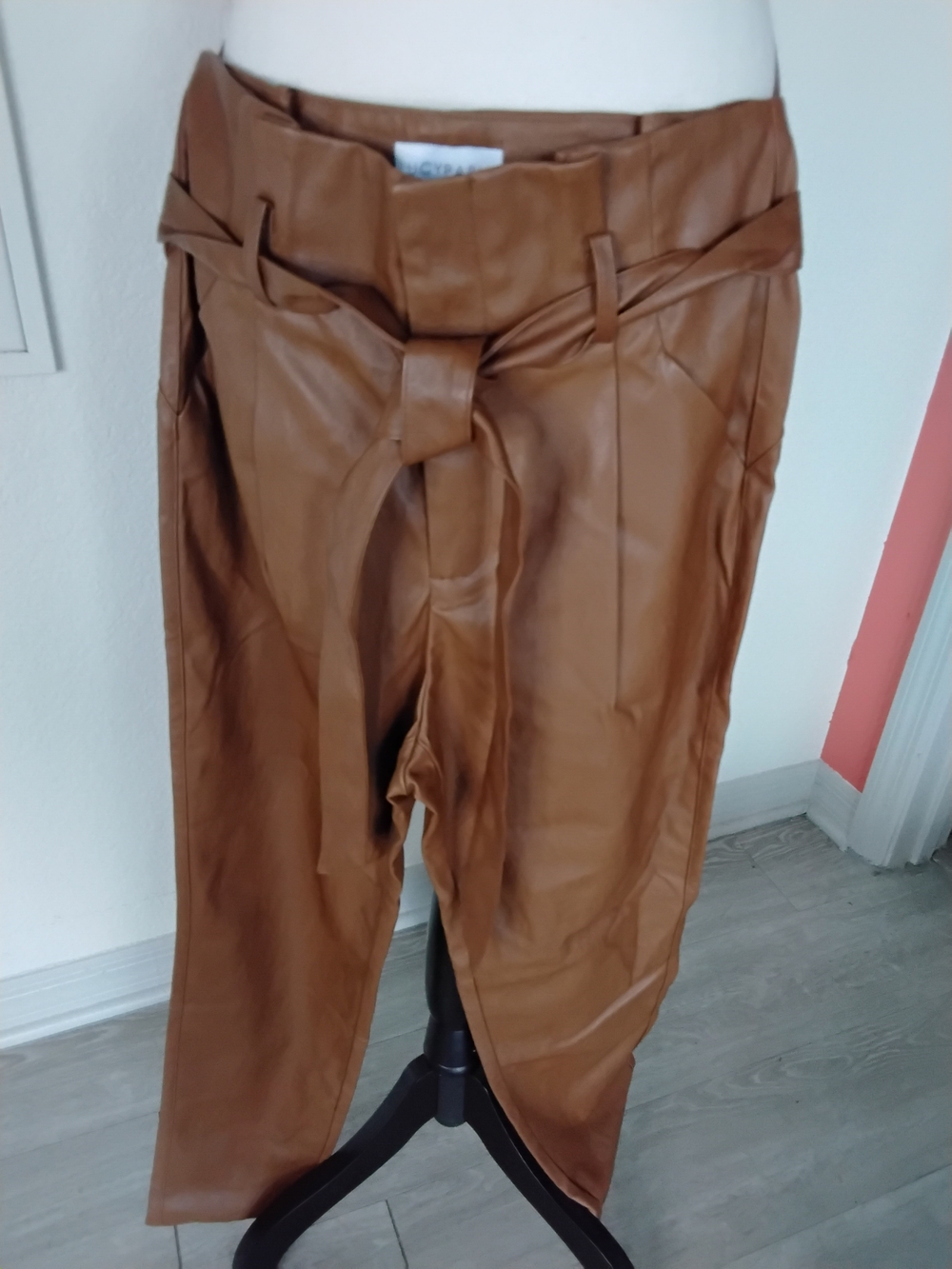 Lucy Paris Faux Leather Tie-Waist Pants — Cognac